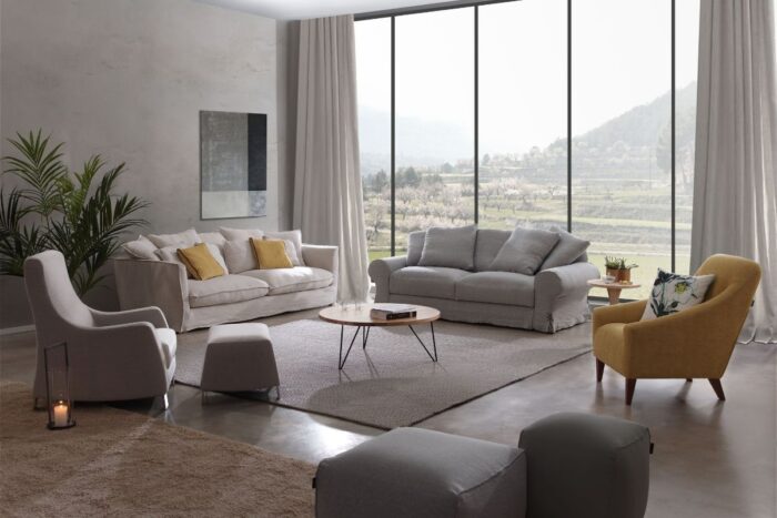 LOFT sofá, DIAB butaca, DARO sofá cama OP C, CUBE liso M, SAIL mesa, VERA butaca